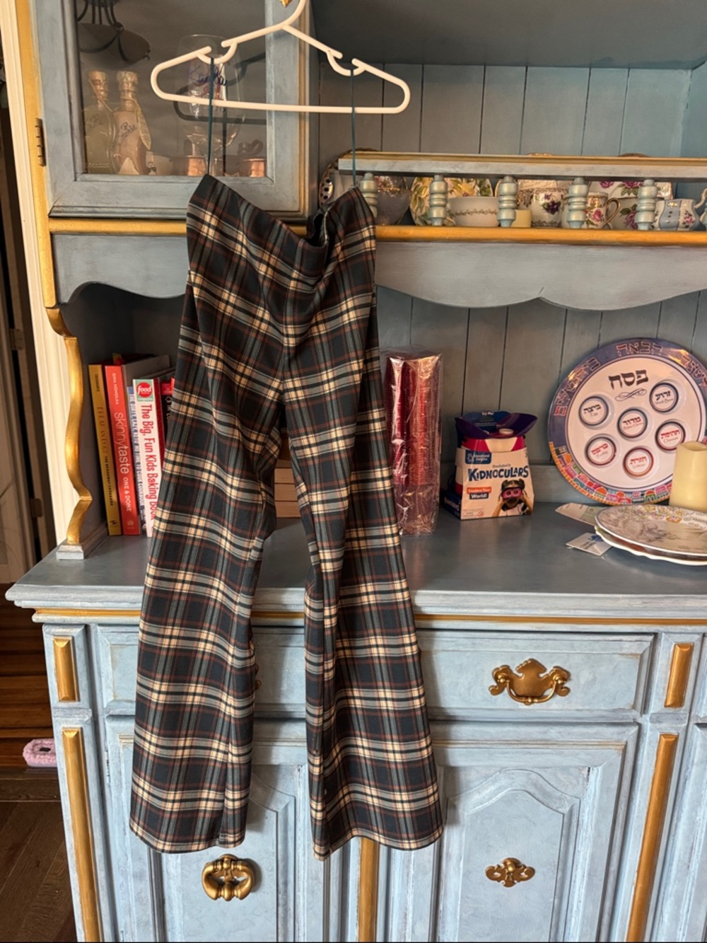 Plaid Wide-Leg Trousers in Dark Green and Cream - Picture 1 of 5